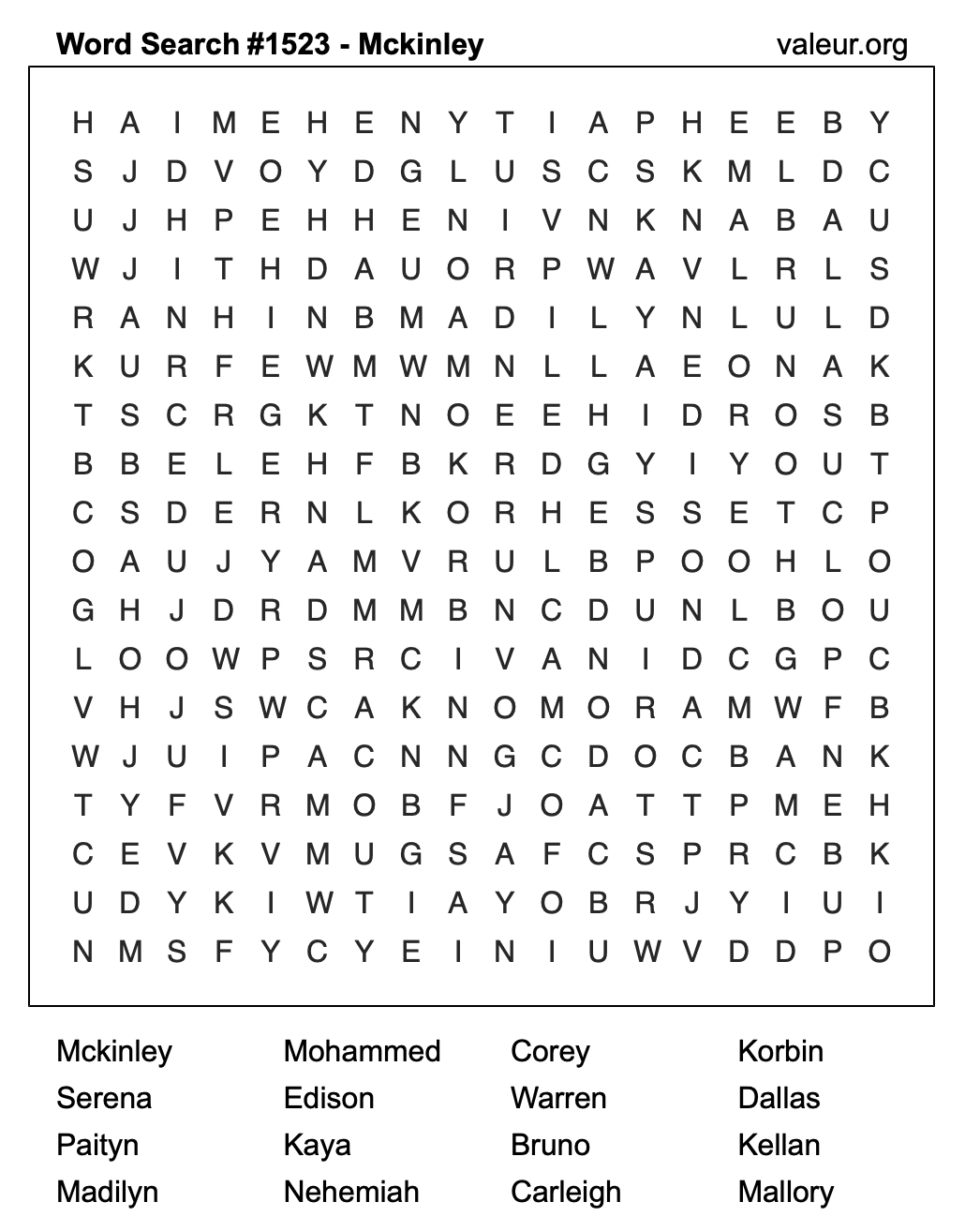 Word Search Puzzle with the name Mckinley #1523 Word Search Puzzle with the name Mckinley #1523