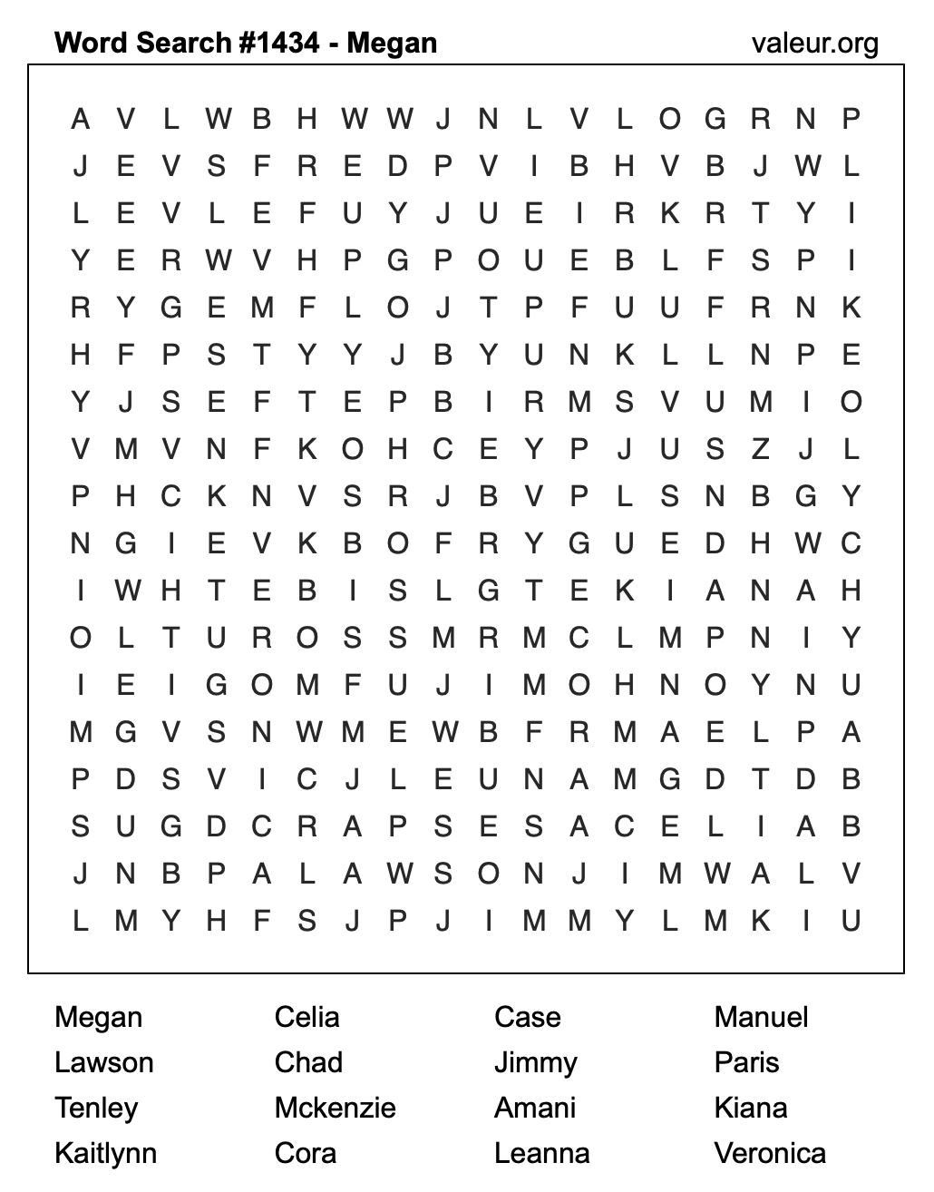Word Search Puzzle with the name Megan #1434