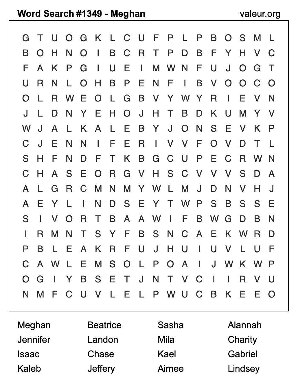Word Search Puzzle with the name Meghan #1349 Word Search Puzzle with the name Meghan #1349