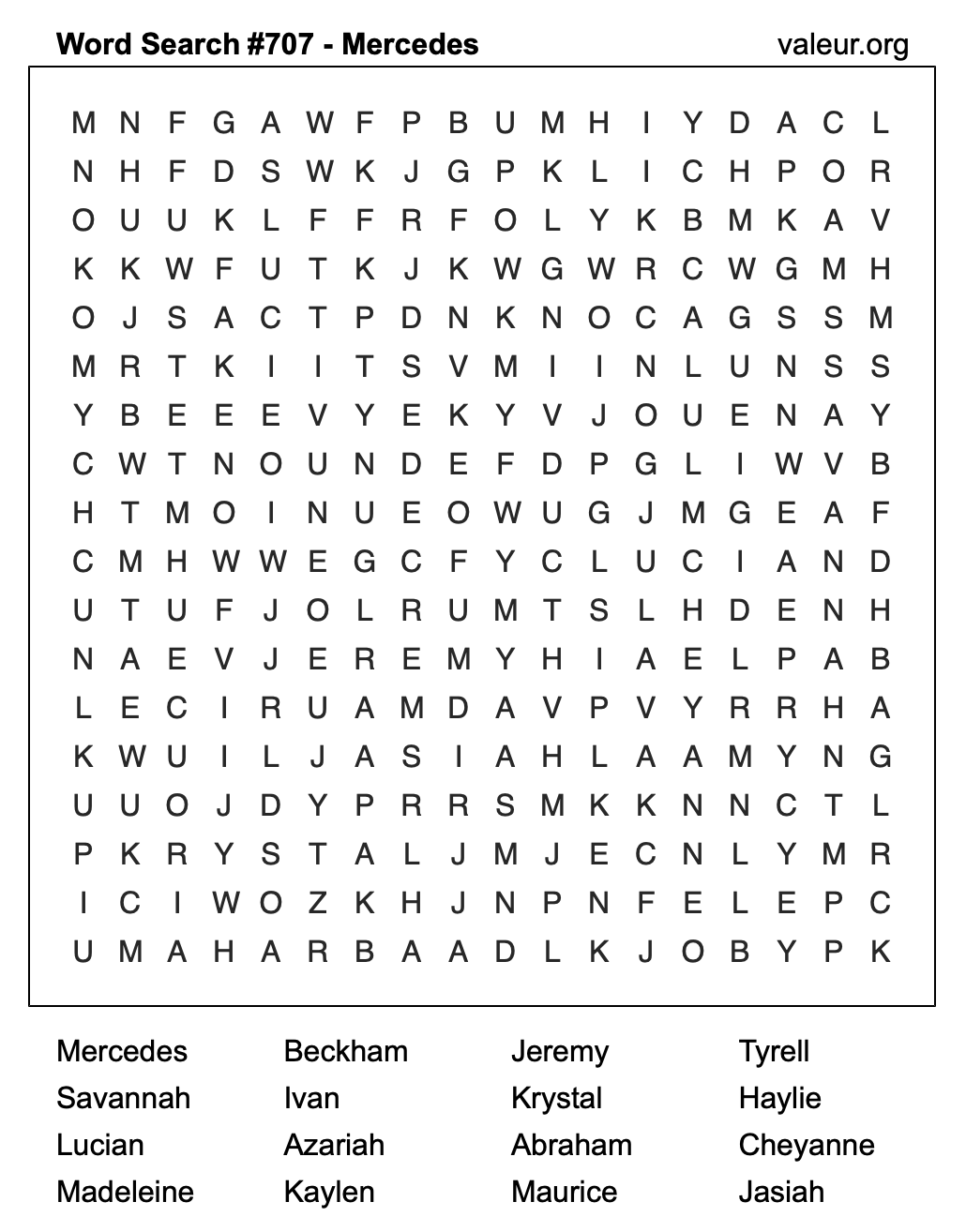 Word Search Puzzle with the name Mercedes #707