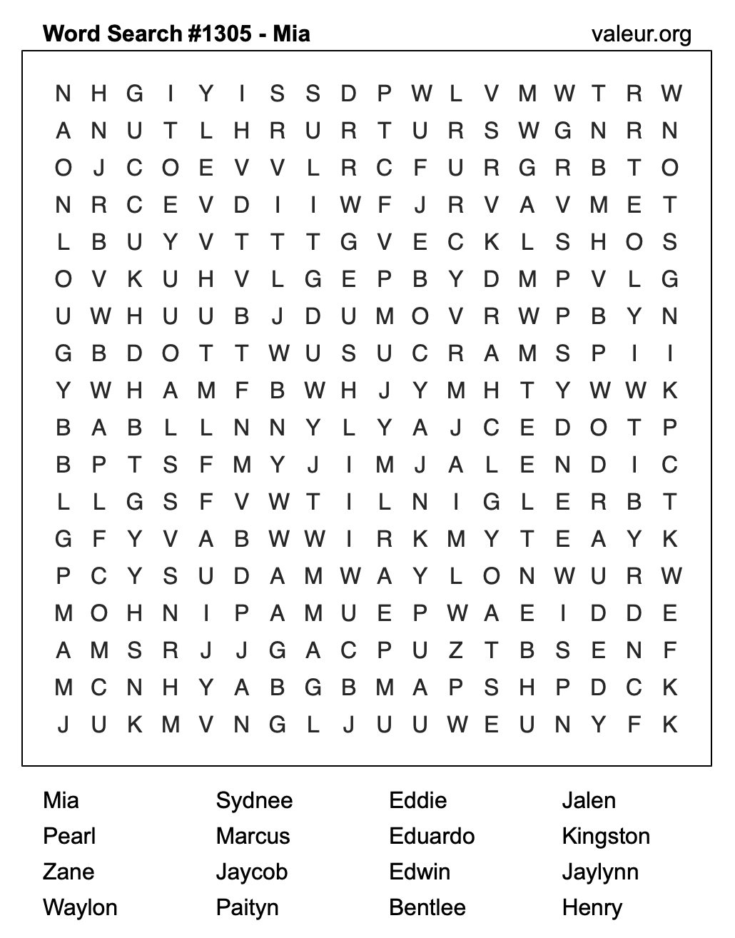 Word Search Puzzle with the name Mia #1305
