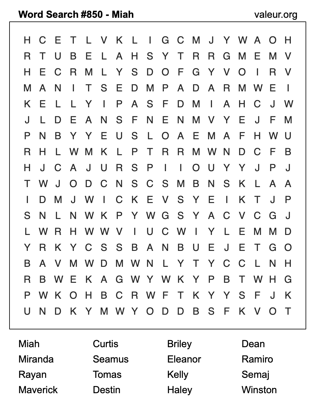 Word Search Puzzle with the name Miah #850