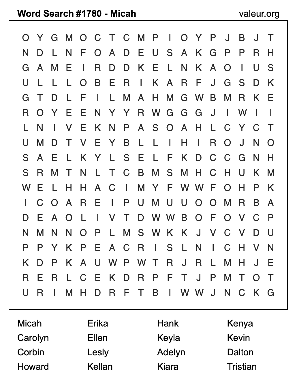Word Search Puzzle with the name Micah #1780