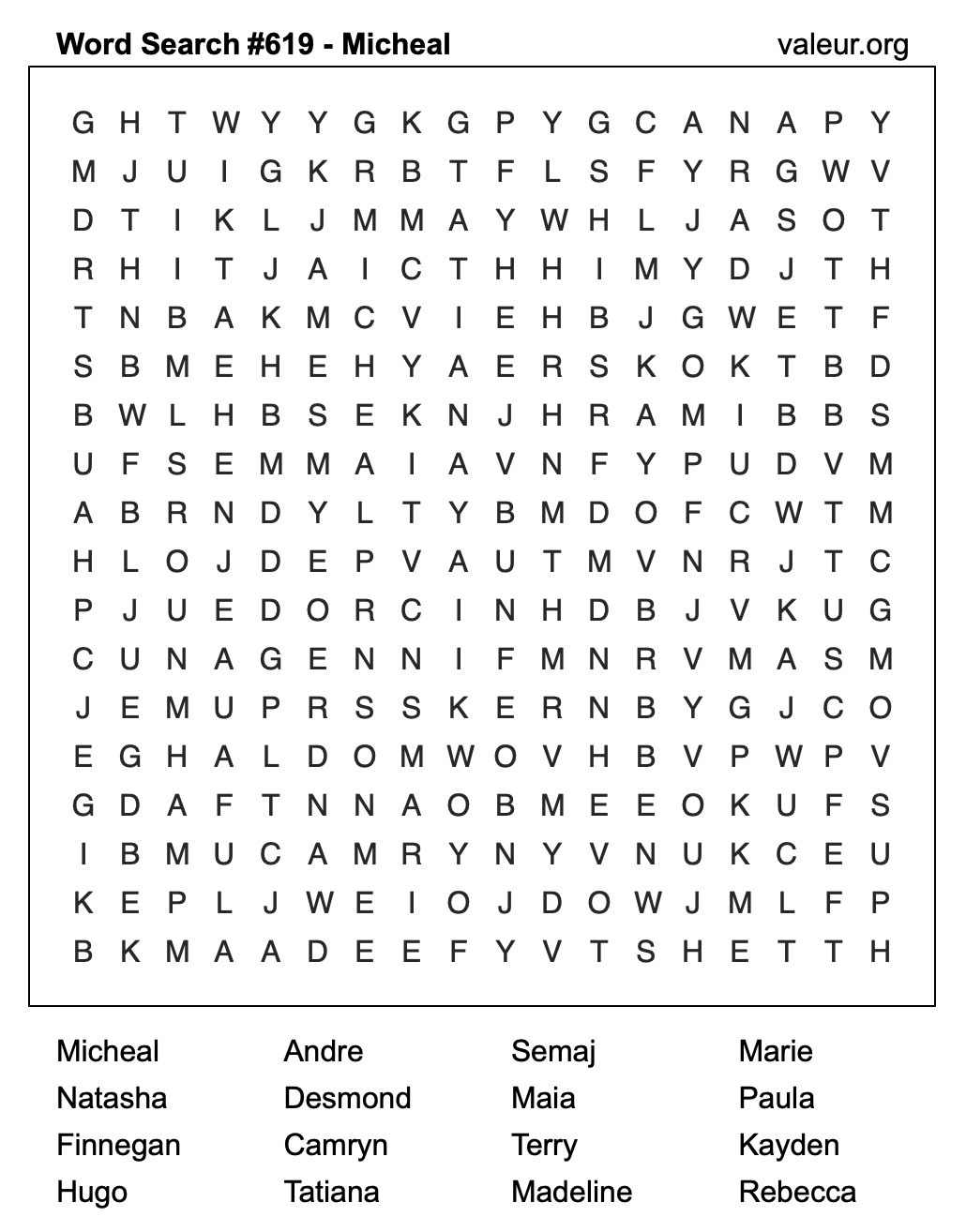 Word Search Puzzle with the name Micheal #619