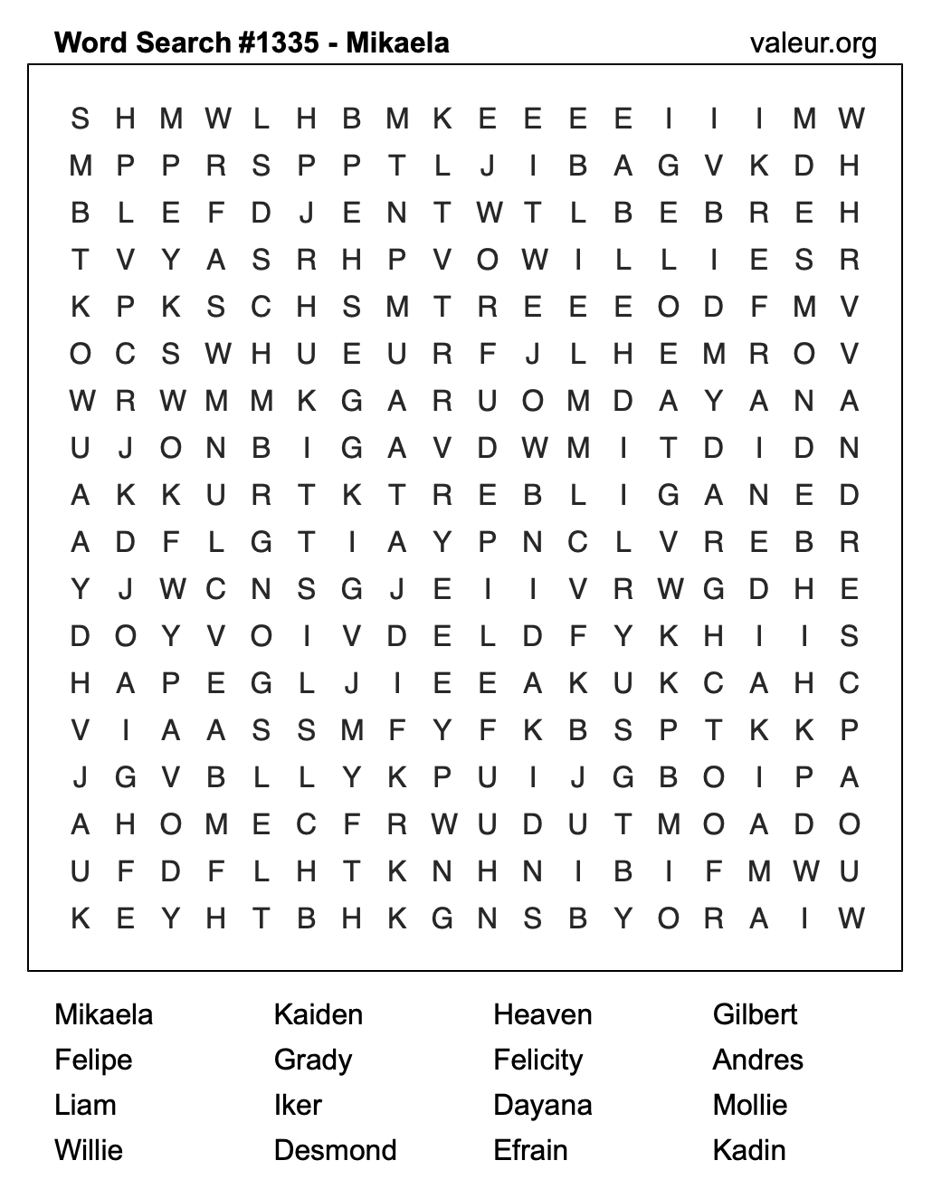 Word Search Puzzle with the name Mikaela #1335