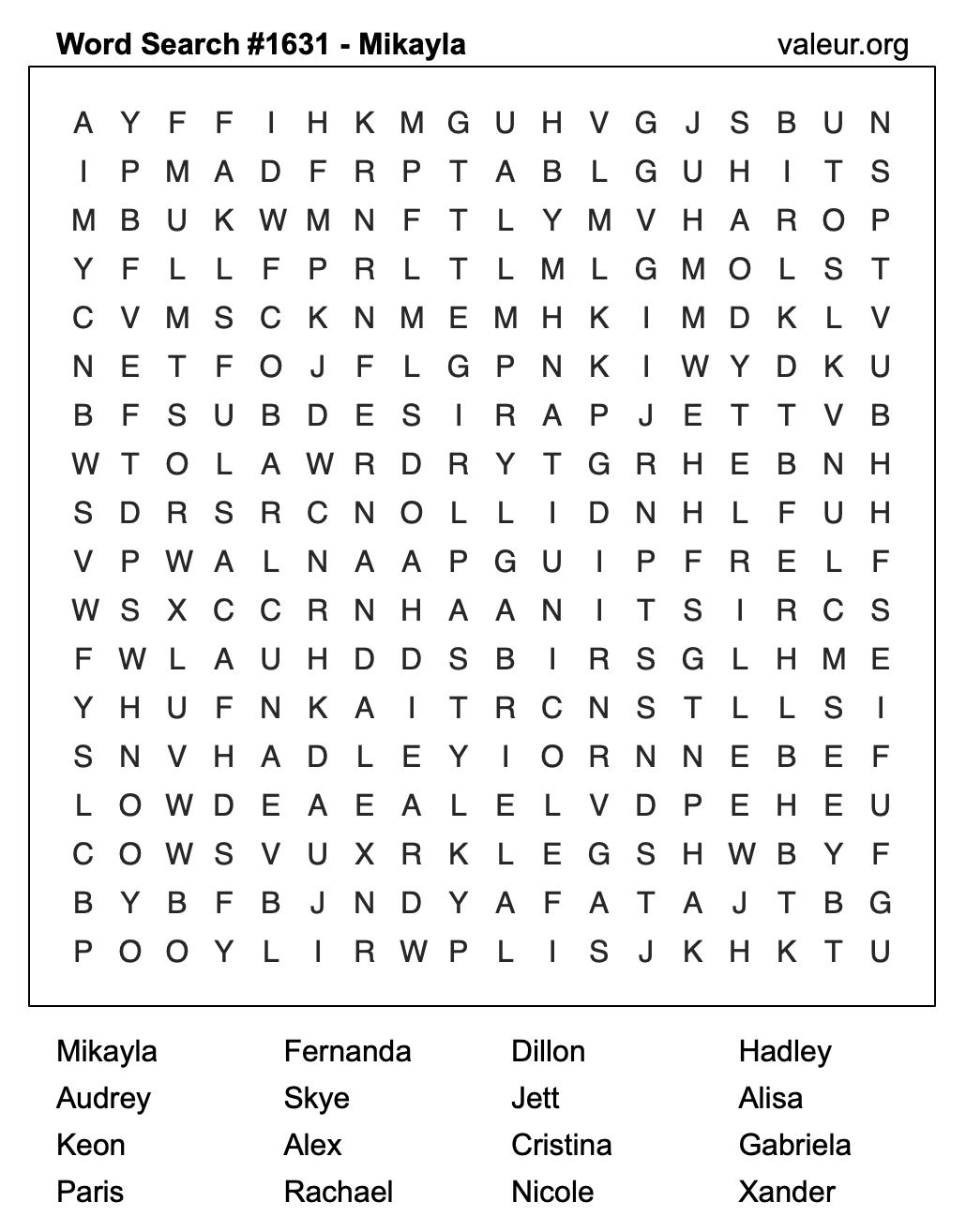 Word Search Puzzle with the name Mikayla #1631 Word Search Puzzle with the name Mikayla #1631