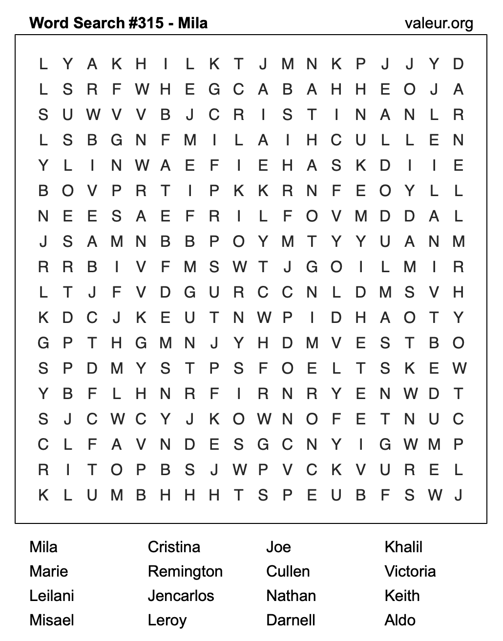 Word Search Puzzle with the name Mila #315