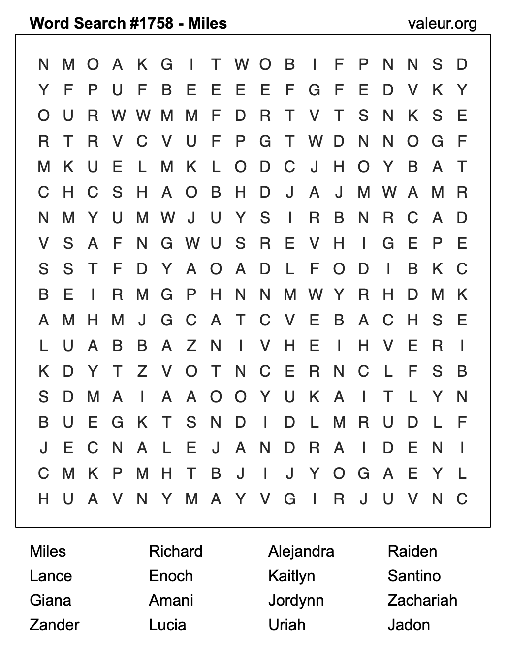 Word Search Puzzle with the name Miles #1758