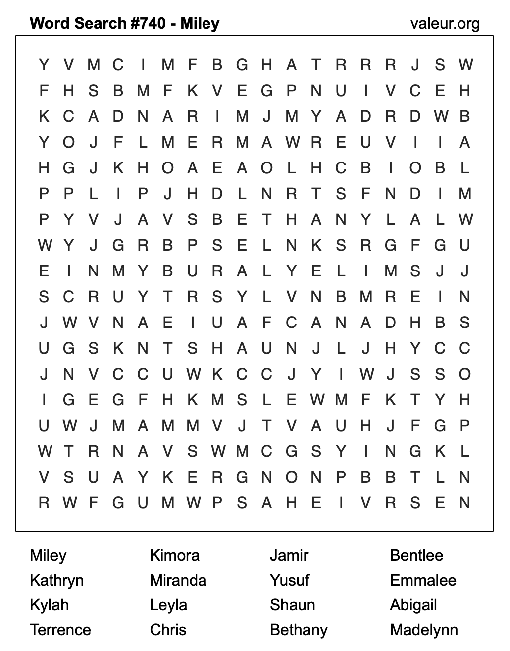 Word Search Puzzle with the name Miley #740 Word Search Puzzle with the name Miley #740