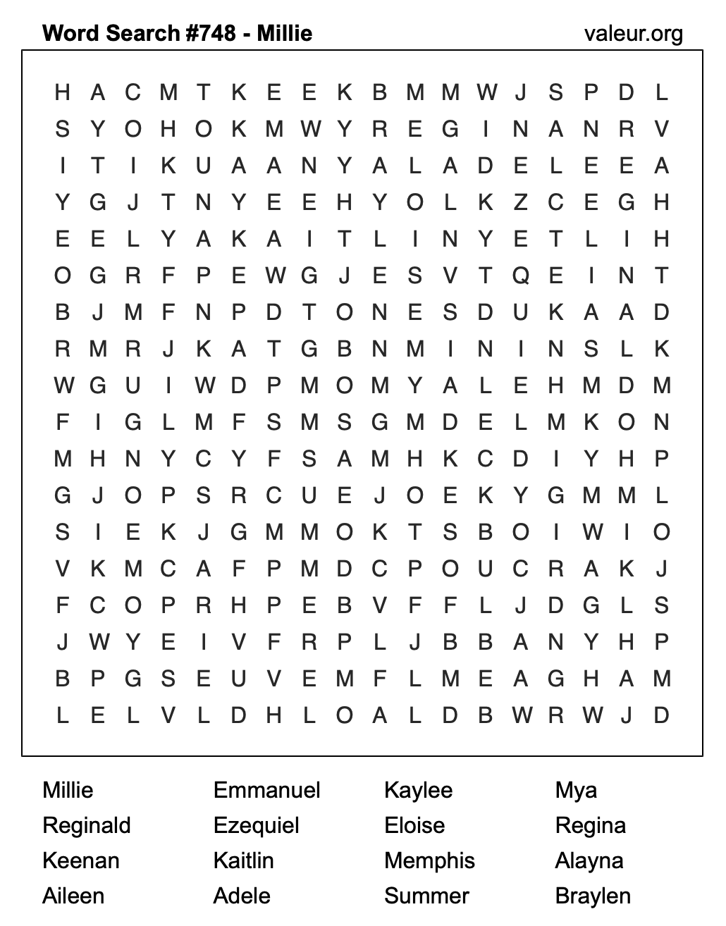 Word Search Puzzle with the name Millie #748