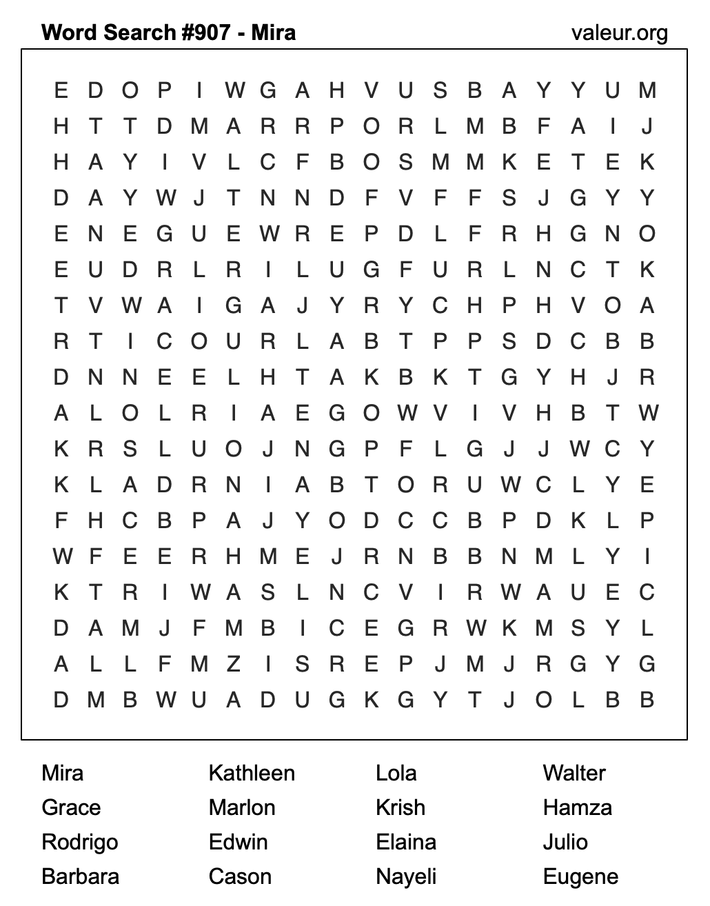 Word Search Puzzle with the name Mira #907