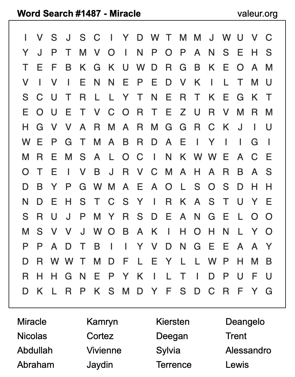 Word Search Puzzle with the name Miracle #1487