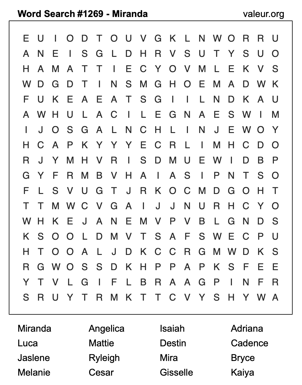Word Search Puzzle with the name Miranda #1269