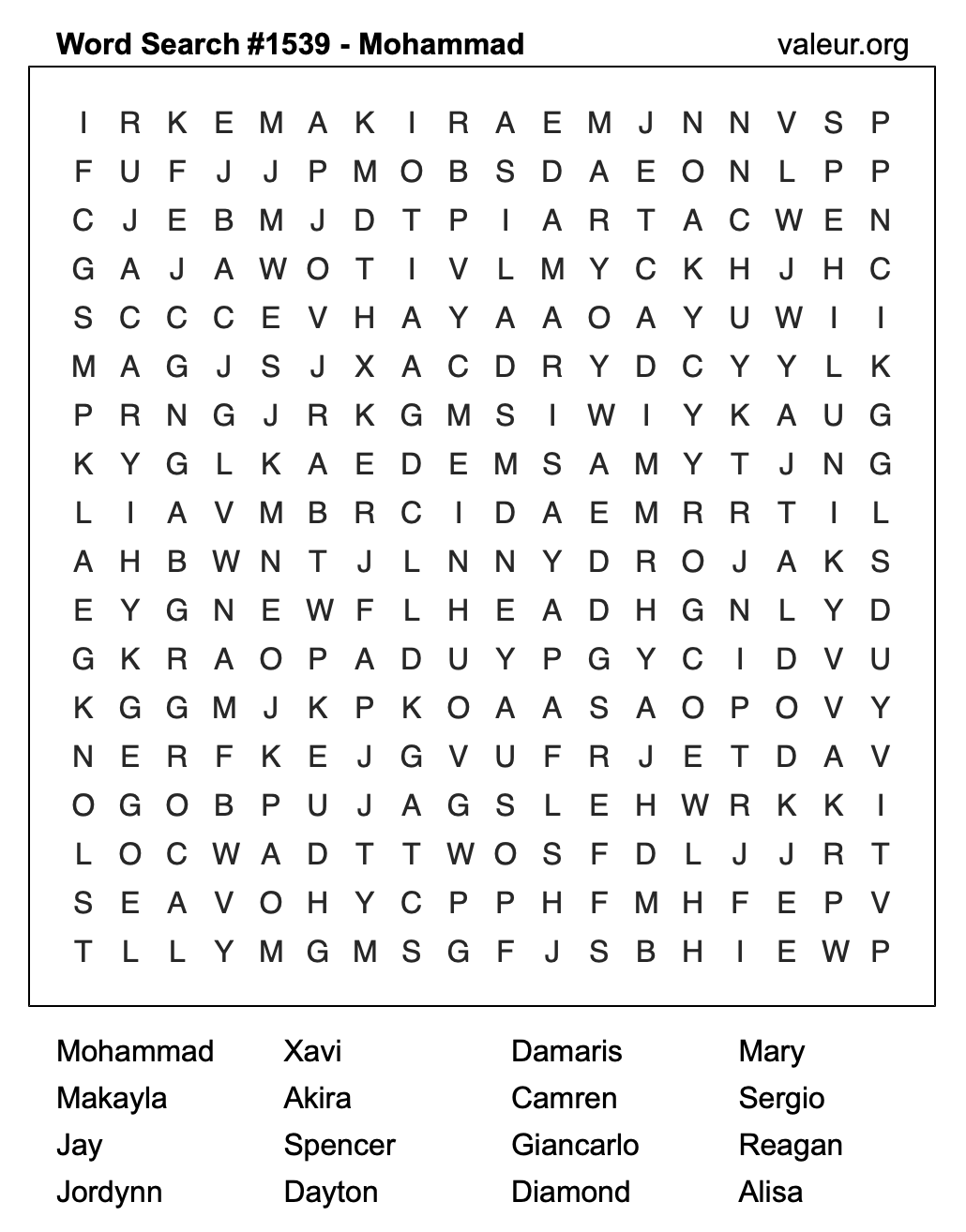 Word Search Puzzle with the name Mohammad #1539