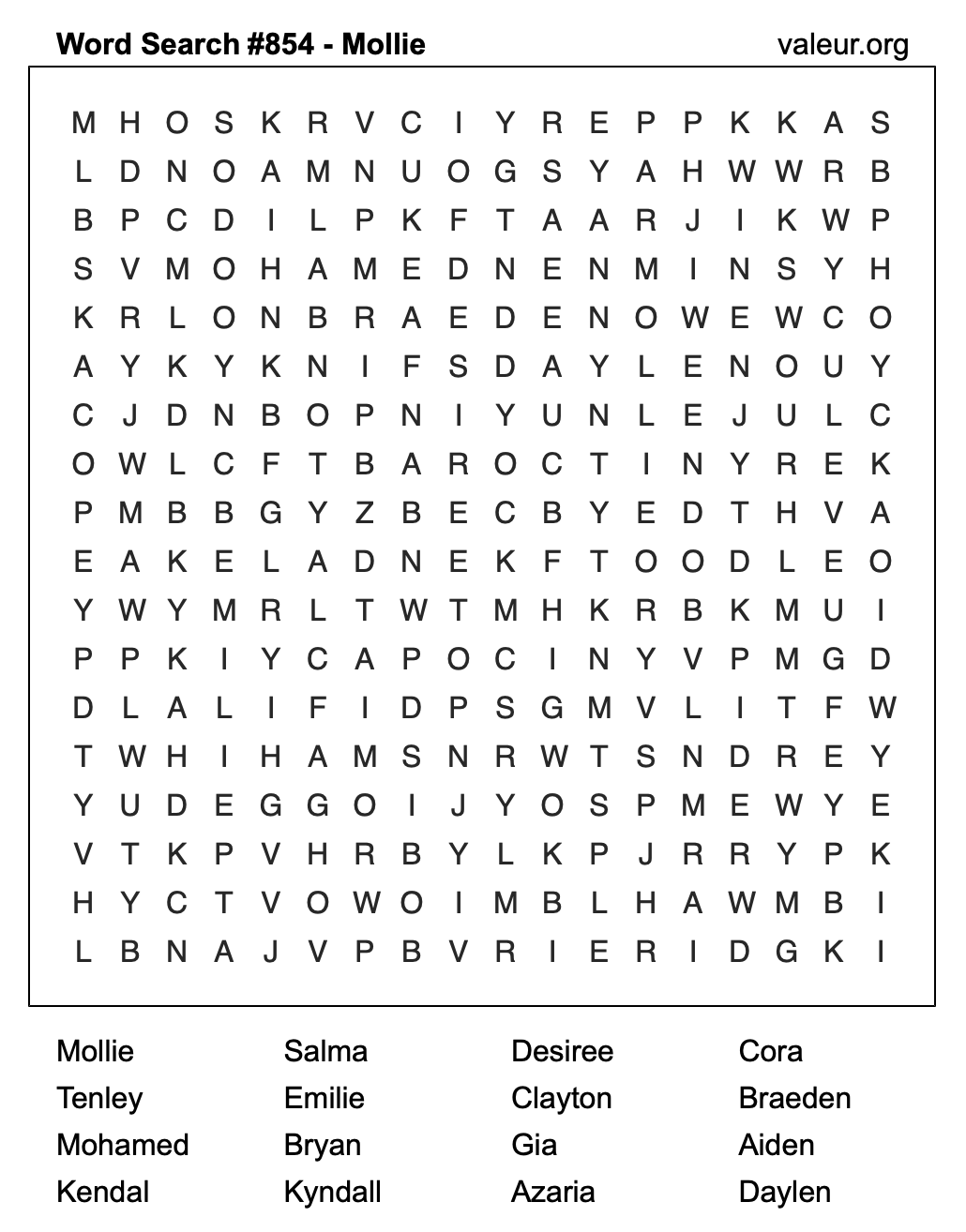 Word Search Puzzle with the name Mollie #854