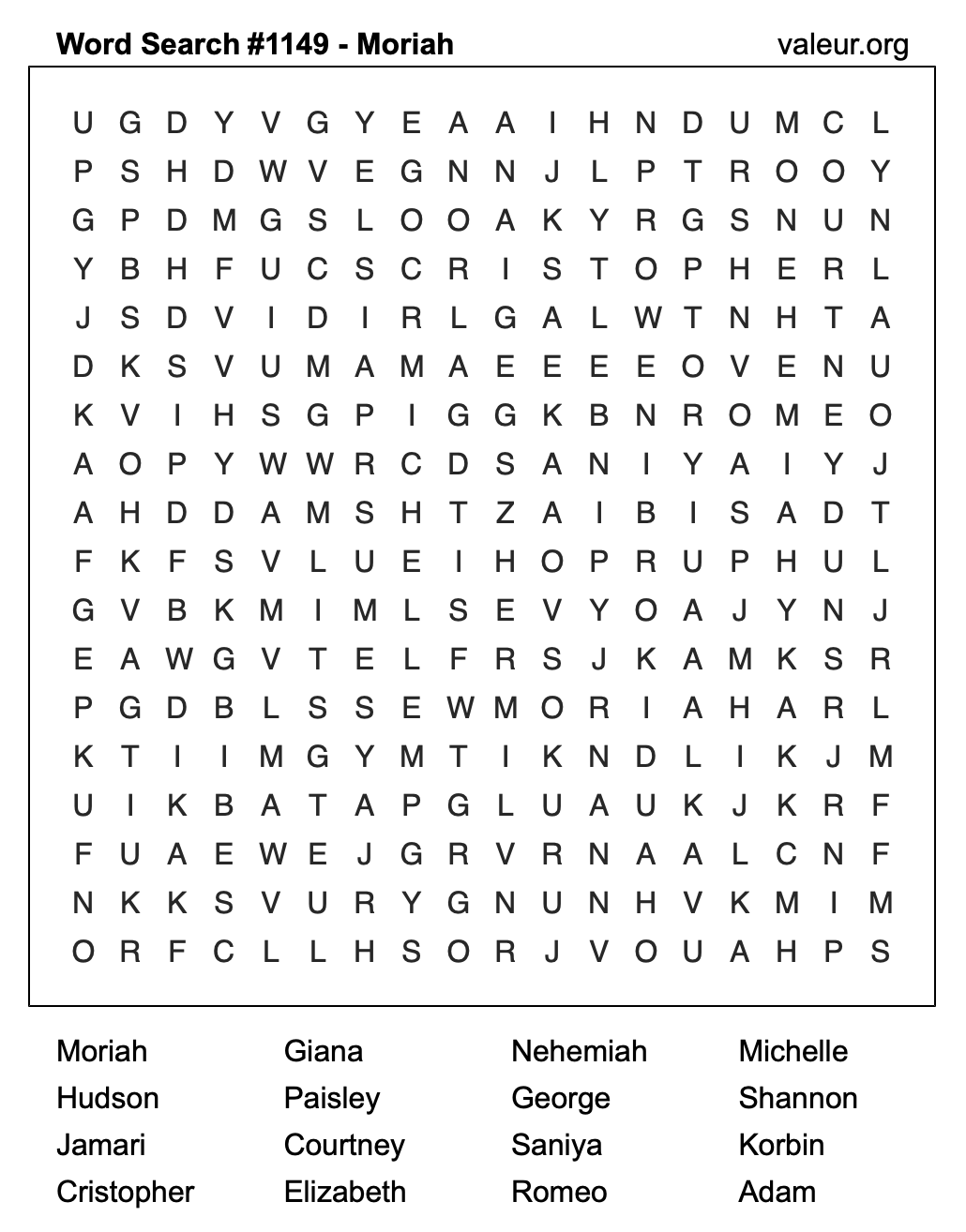 Word Search Puzzle with the name Moriah #1149