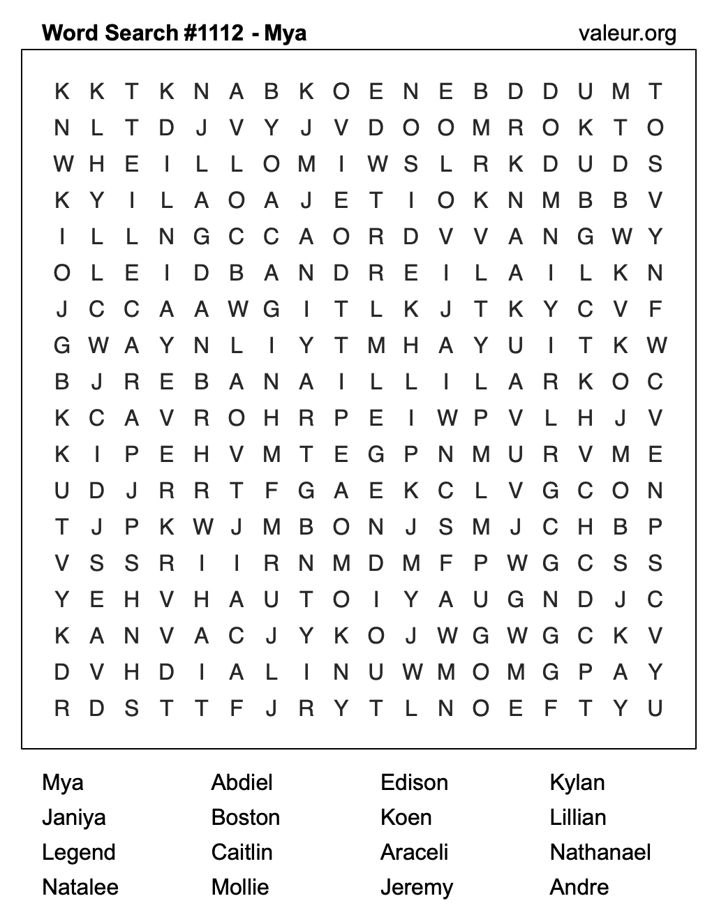 Word Search Puzzle with the name Mya #1112