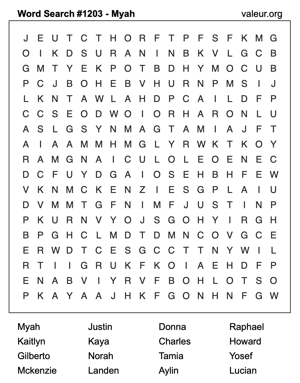 Word Search Puzzle with the name Myah #1203 Word Search Puzzle with the name Myah #1203