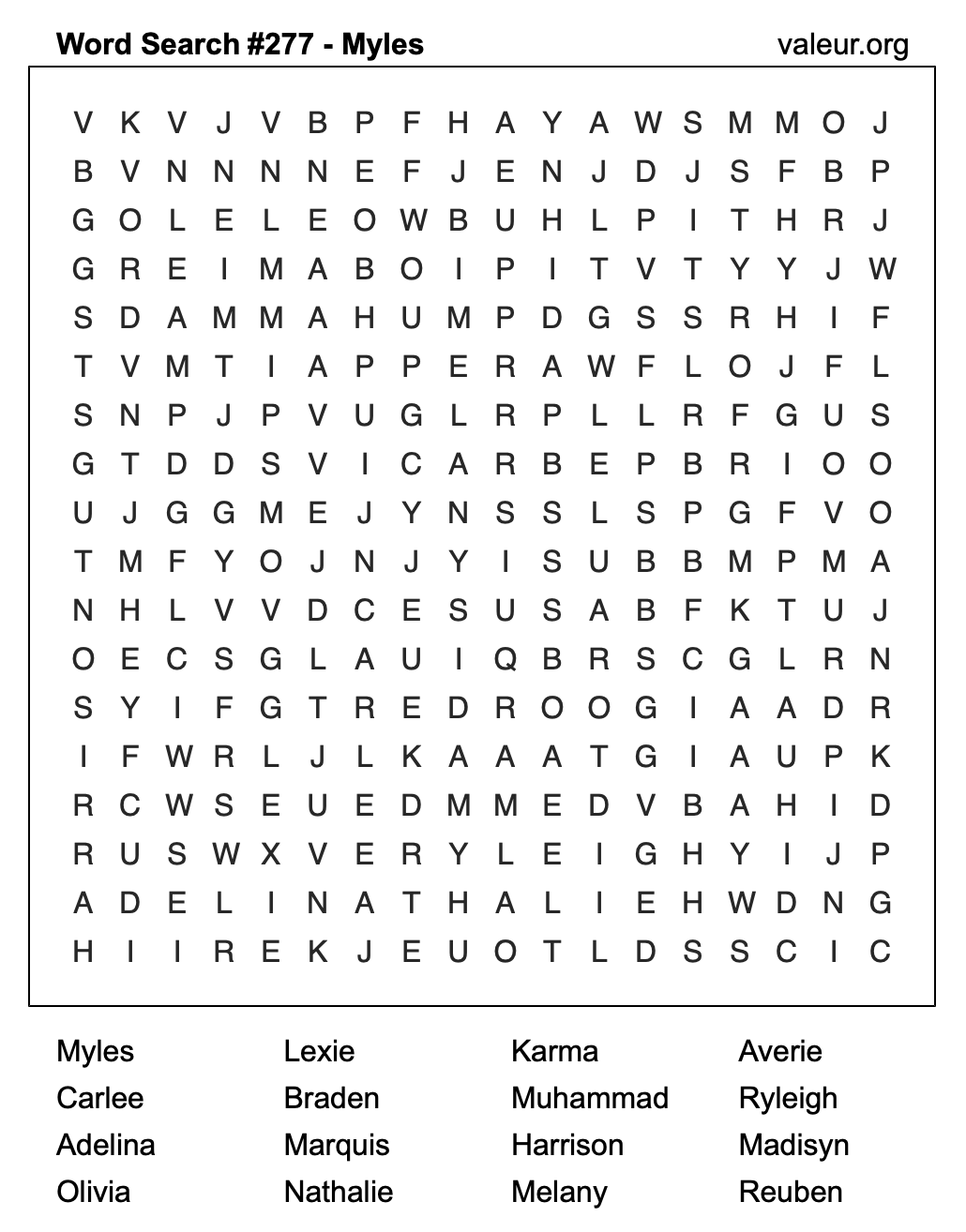 Word Search Puzzle with the name Myles #277