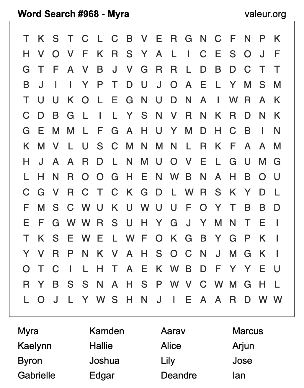 Word Search Puzzle with the name Myra #968