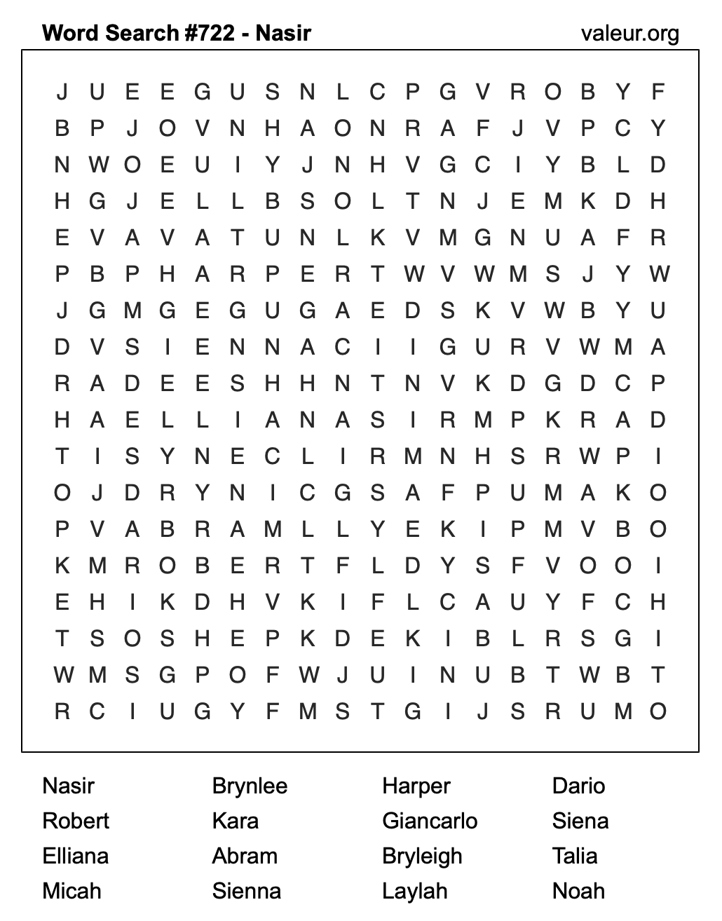 Word Search Puzzle with the name Nasir #722
