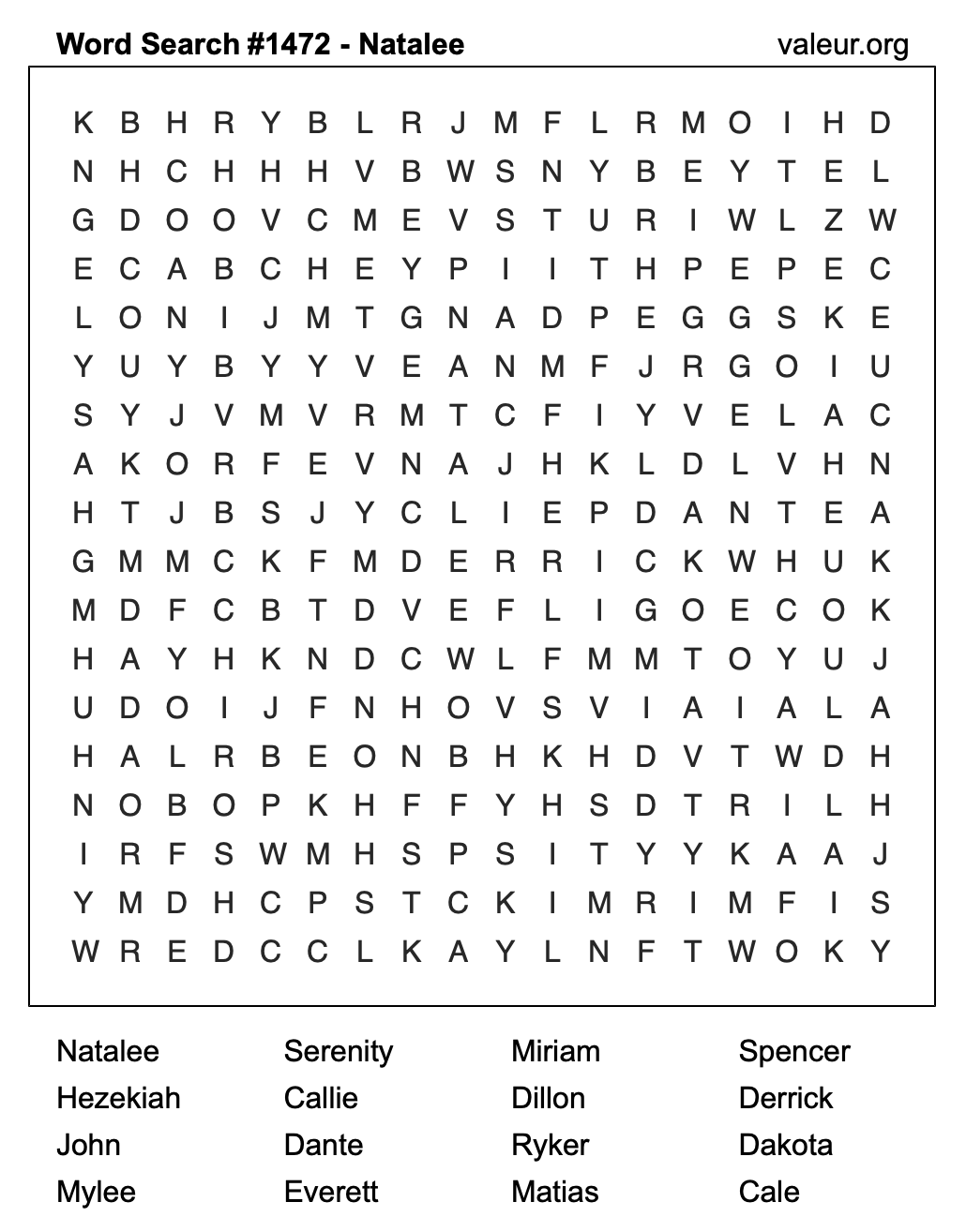 Word Search Puzzle with the name Natalee #1472