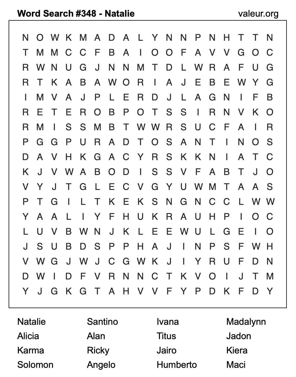 Word Search Puzzle with the name Natalie #348