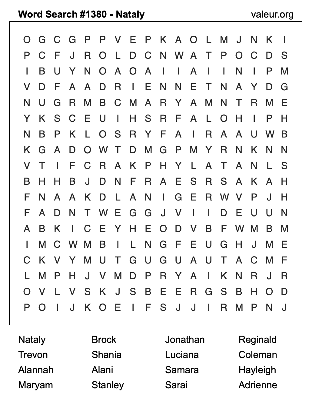 Word Search Puzzle with the name Nataly #1380