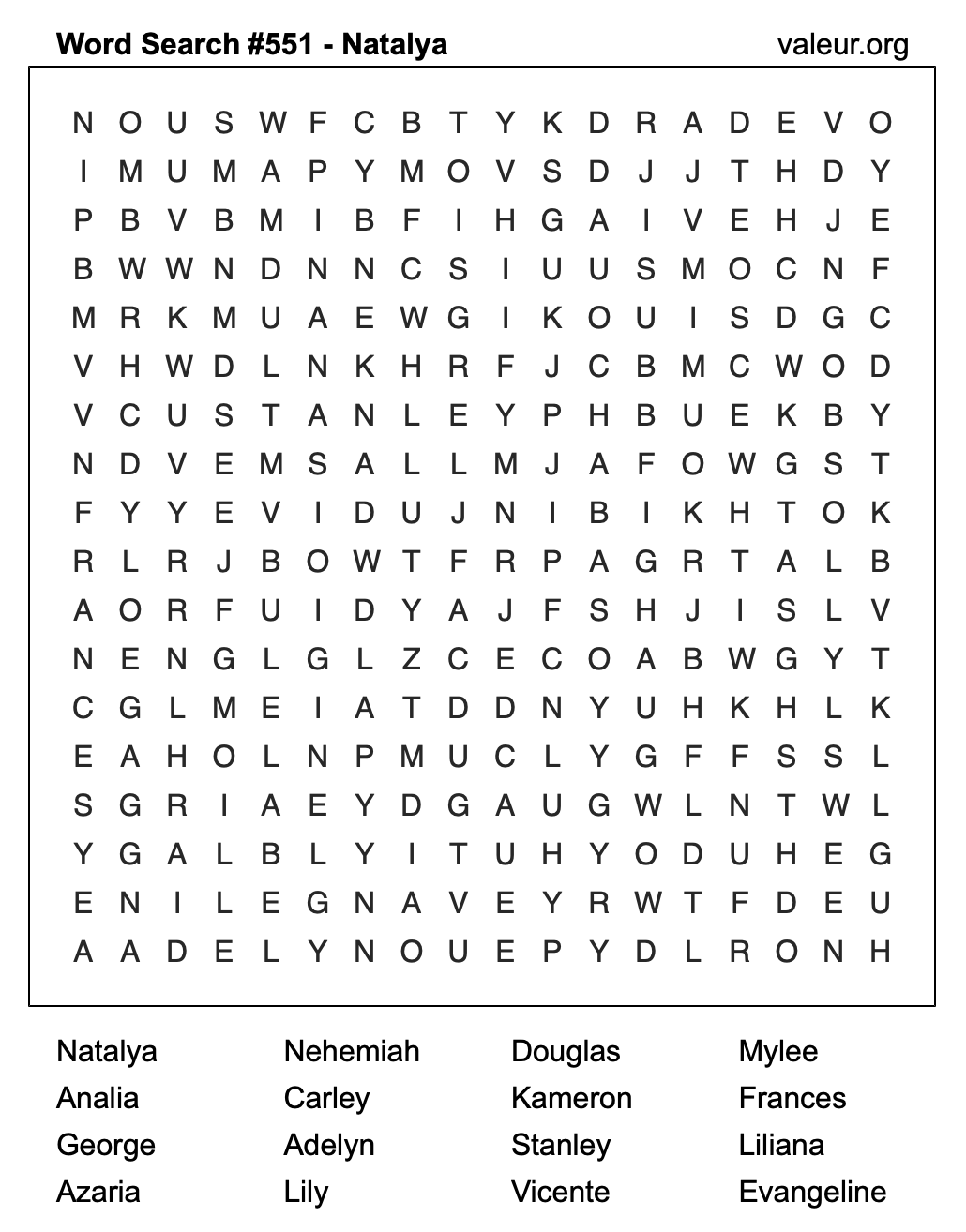 Word Search Puzzle with the name Natalya #551