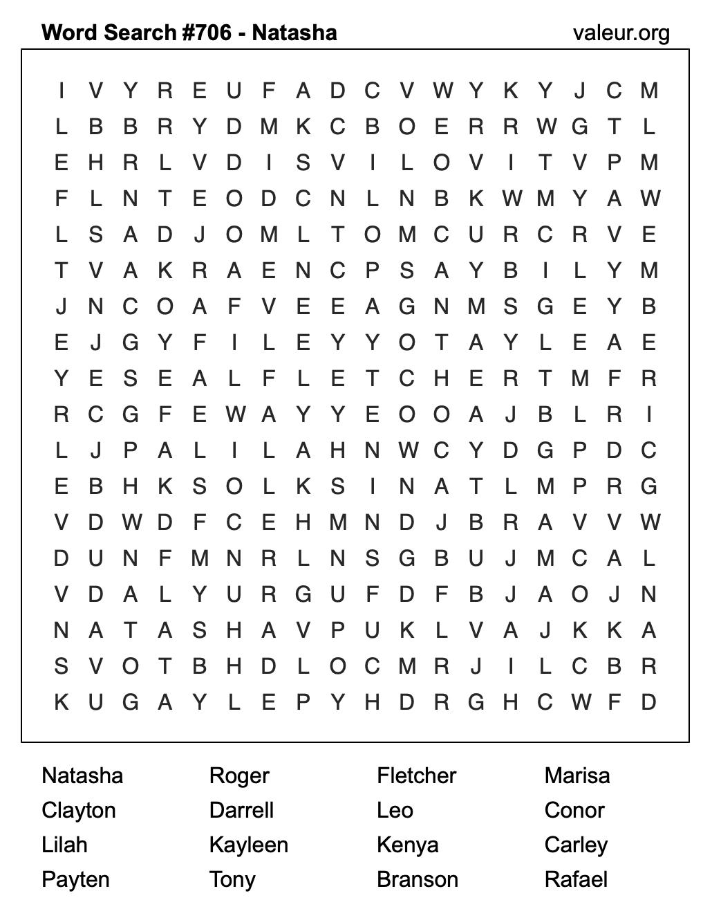 Word Search Puzzle with the name Natasha #706