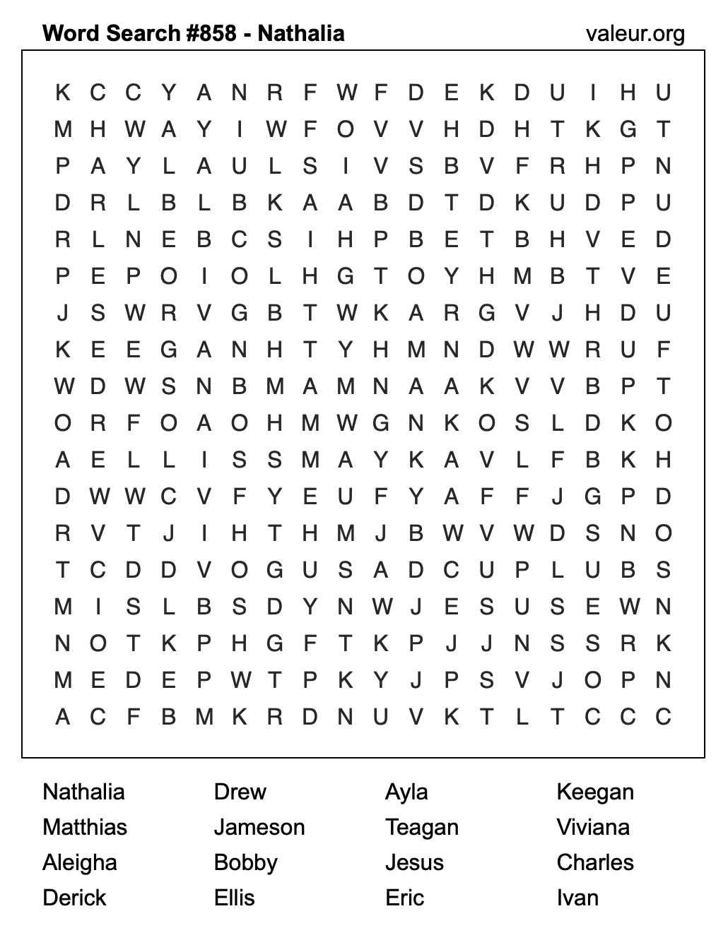 Word Search Puzzle with the name Nathalia #858