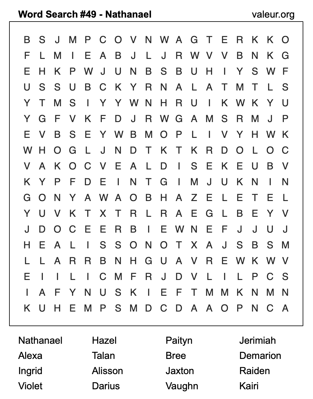 Word Search Puzzle with the name Nathanael #49