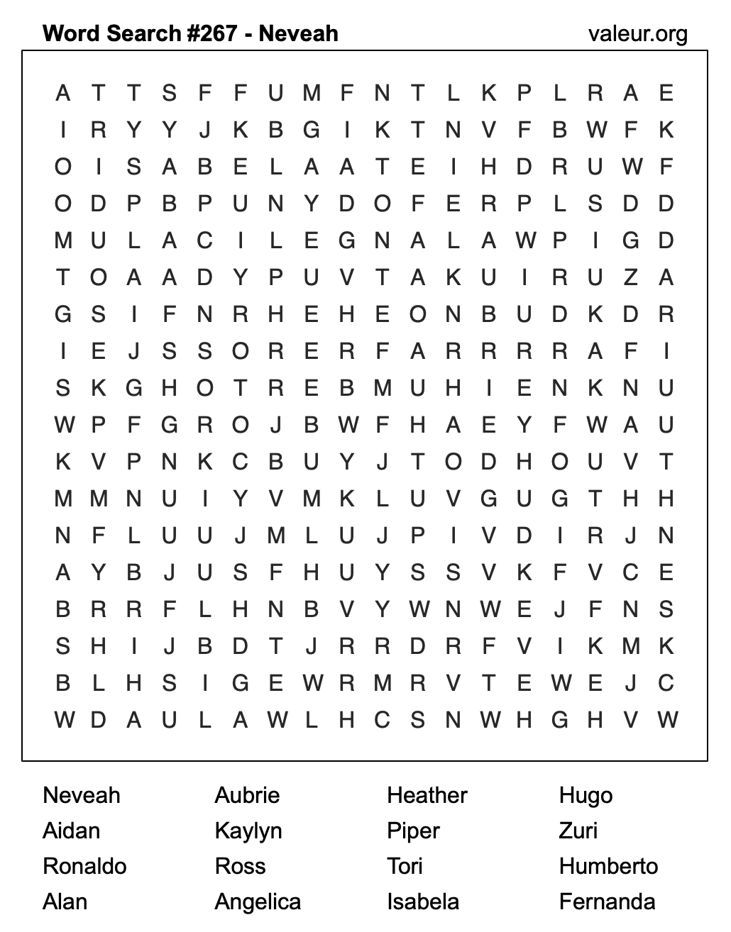 Word Search Puzzle with the name Neveah #267