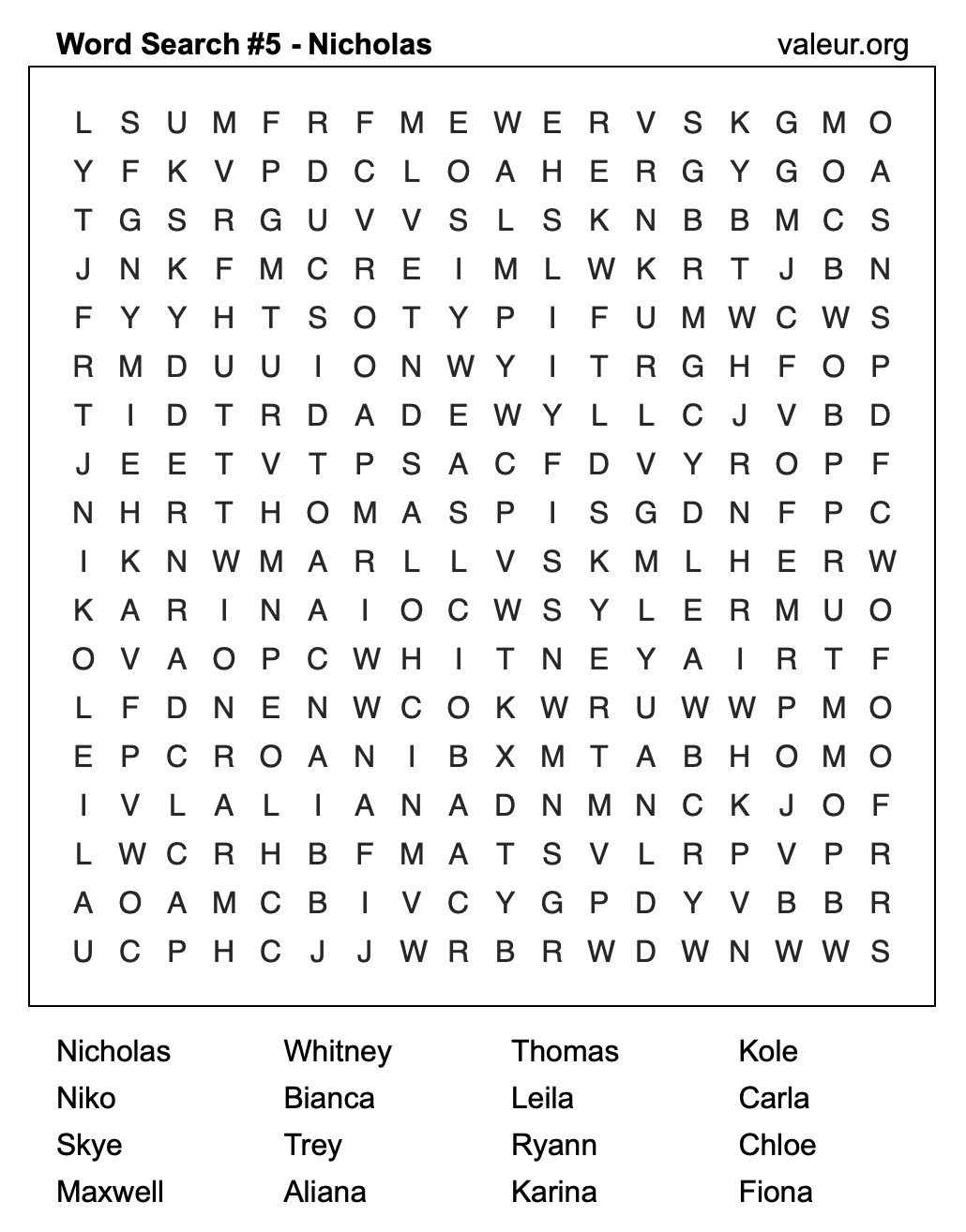 Word Search Puzzle with the name Nicholas #5