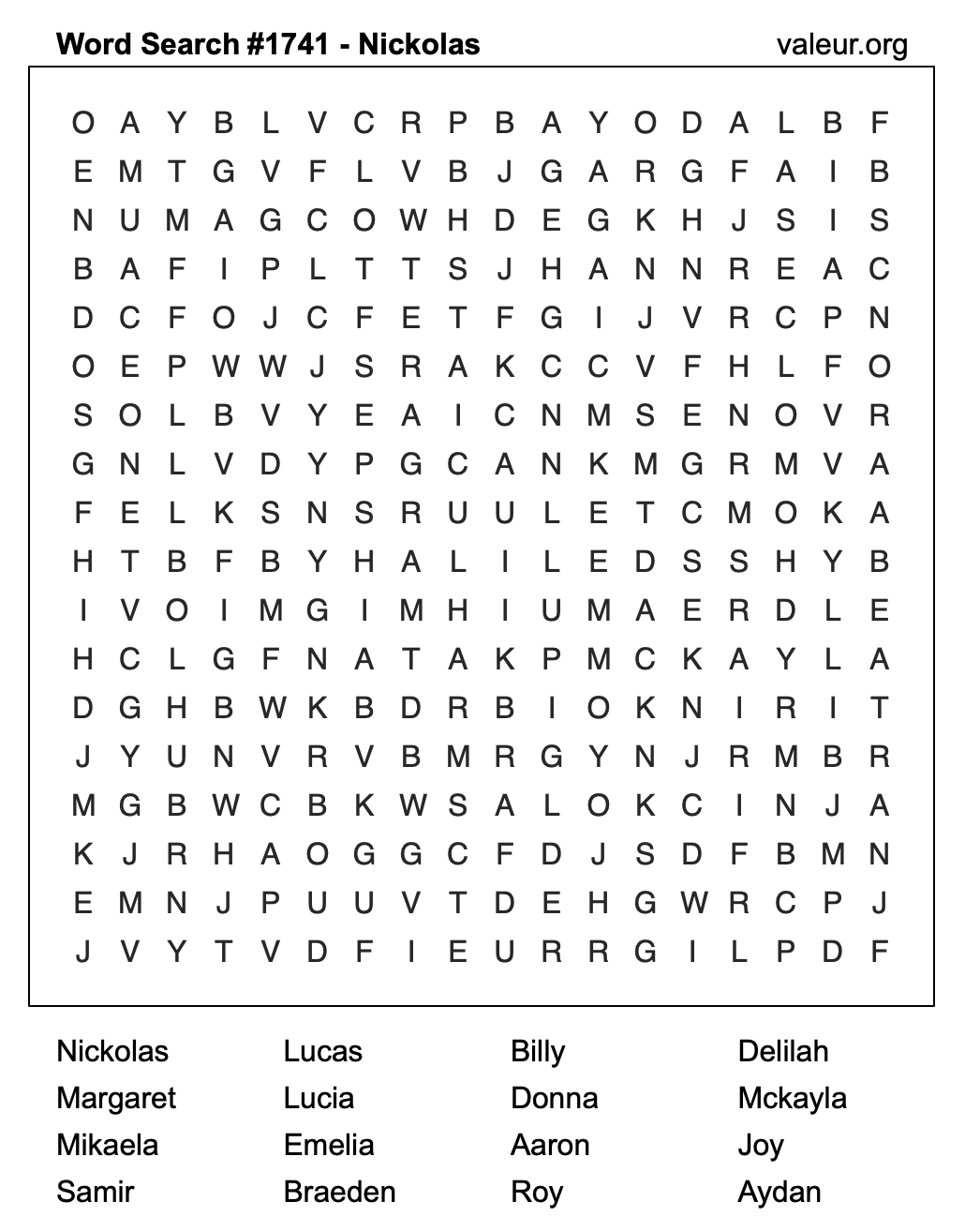 Word Search Puzzle with the name Nickolas #1741 Word Search Puzzle with the name Nickolas #1741