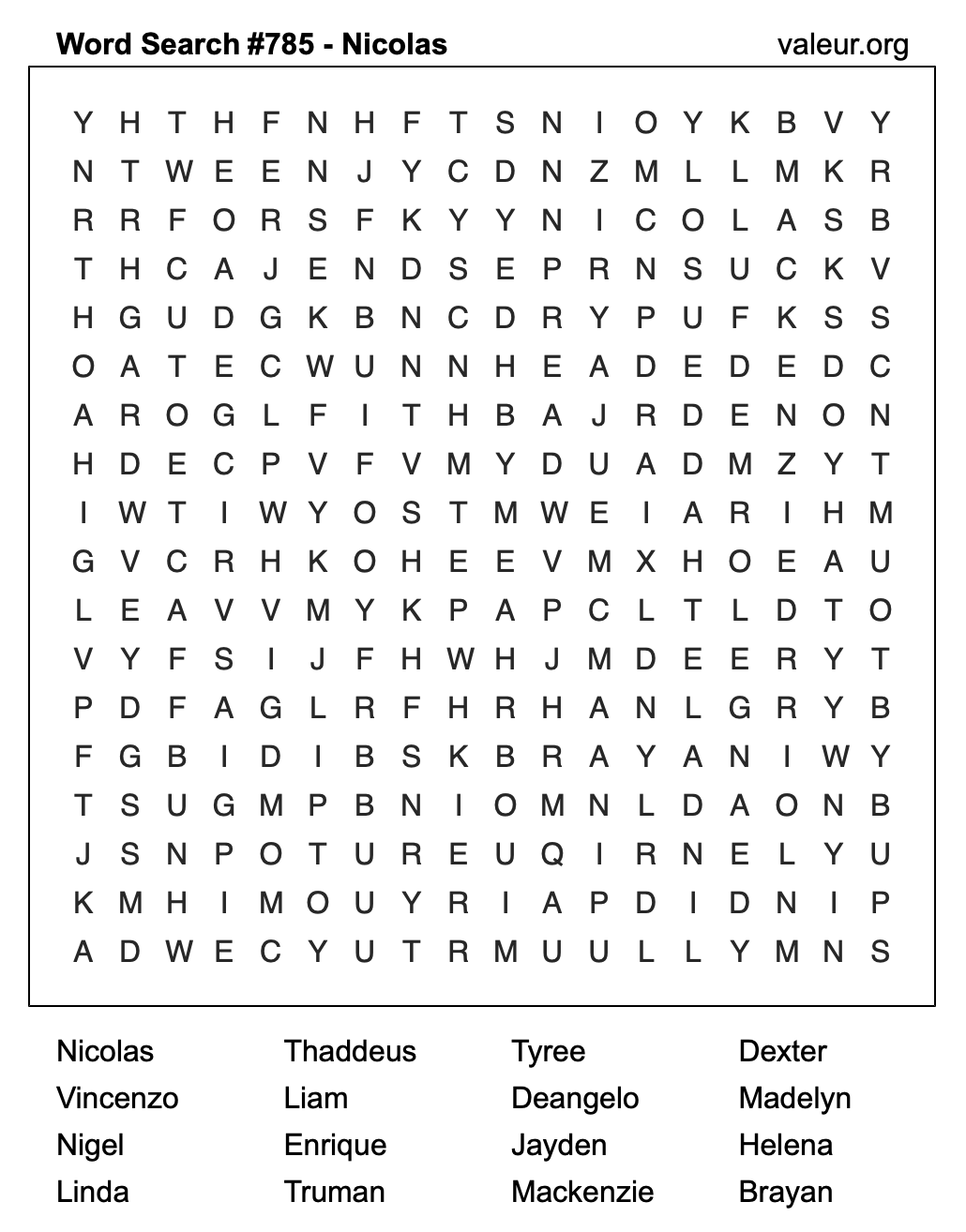 Word Search Puzzle with the name Nicolas #785