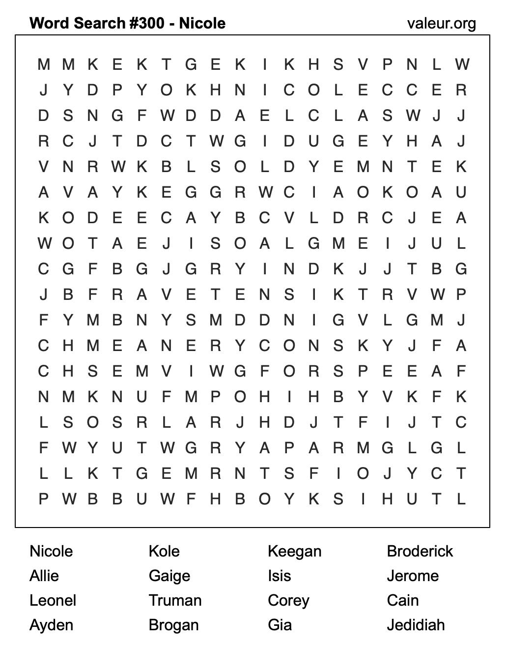 Word Search Puzzle with the name Nicole #300