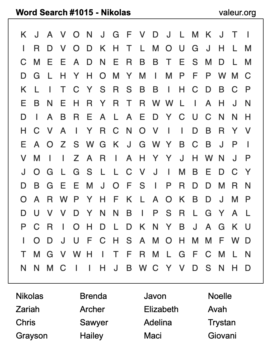 Word Search Puzzle with the name Nikolas #1015