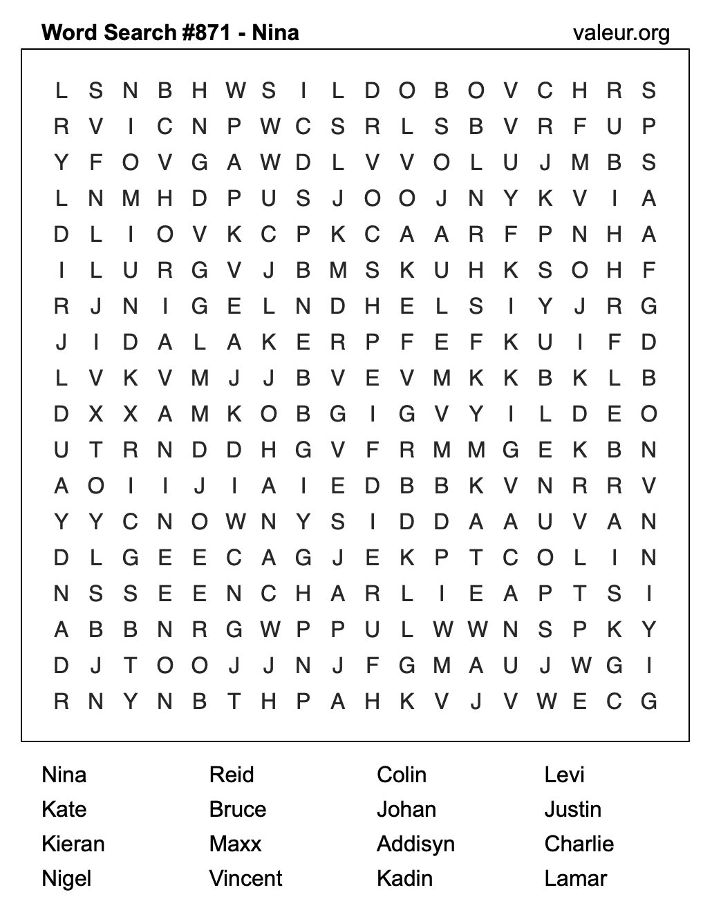 Word Search Puzzle with the name Nina #871 Word Search Puzzle with the name Nina #871
