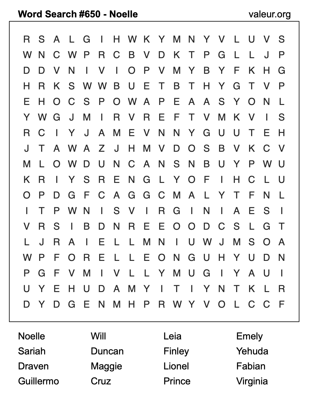 Word Search Puzzle with the name Noelle #650