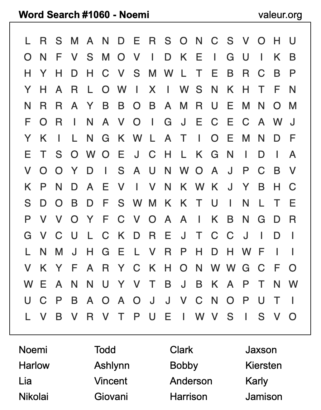 Word Search Puzzle with the name Noemi #1060