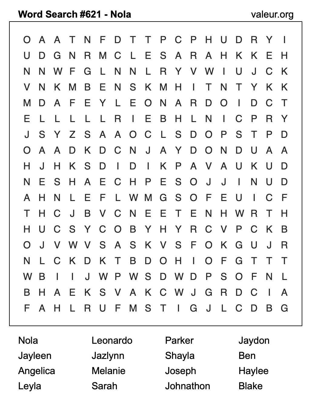 Word Search Puzzle with the name Nola #621
