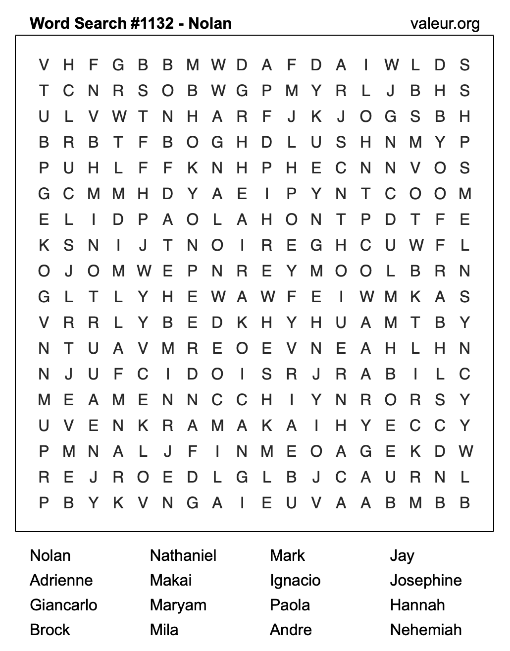 Word Search Puzzle with the name Nolan #1132
