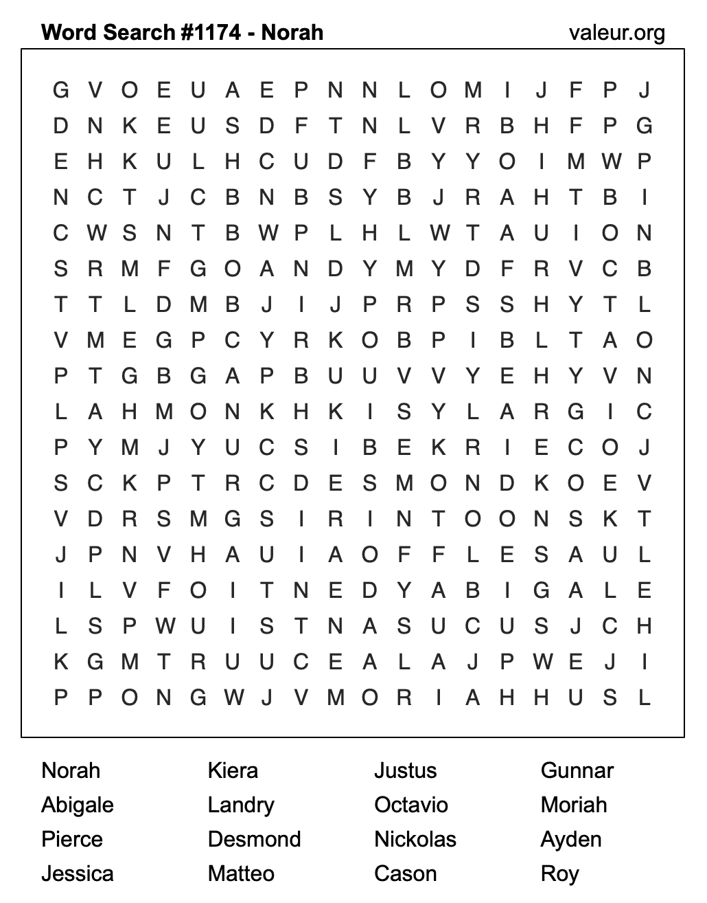 Word Search Puzzle with the name Norah #1174
