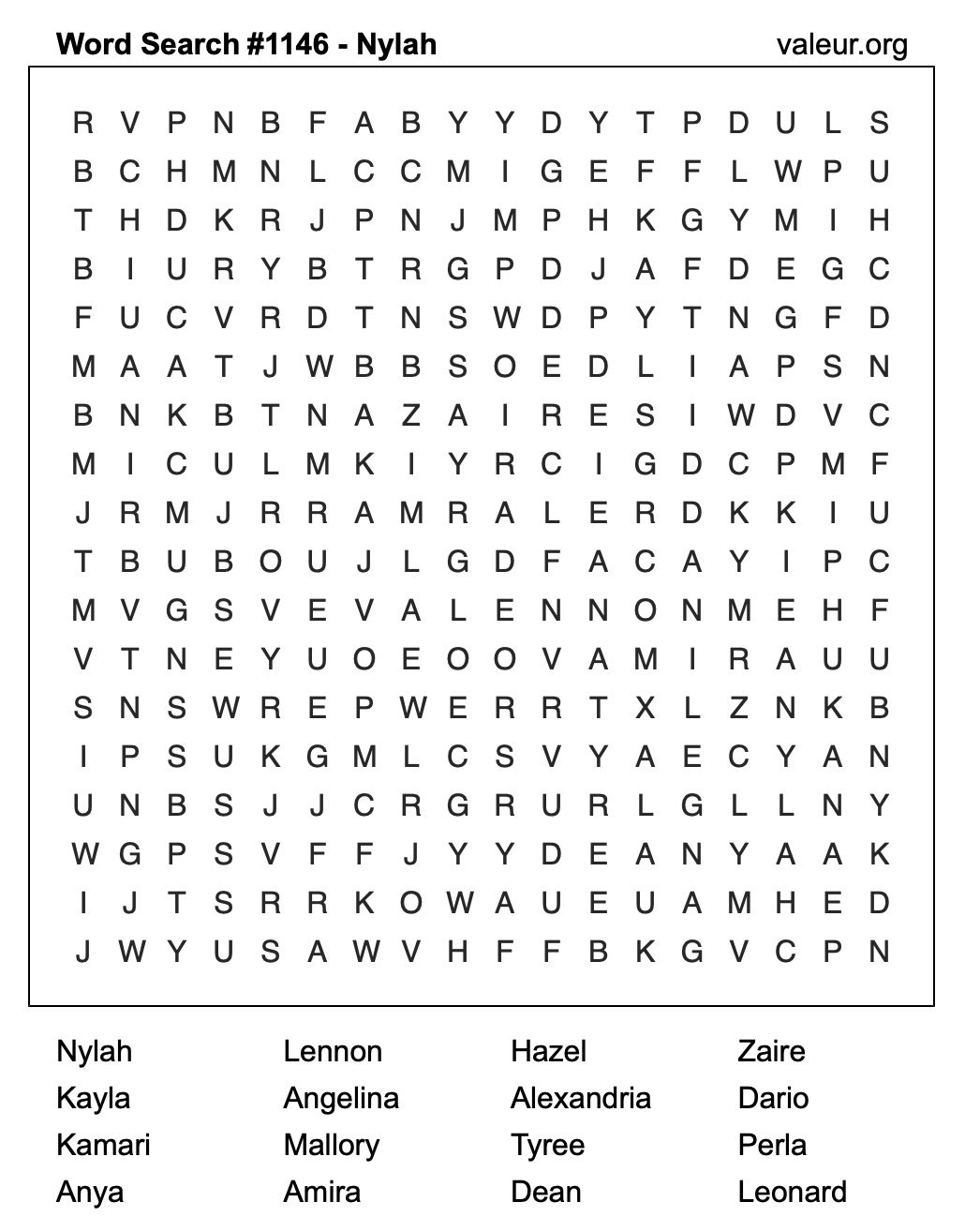 Word Search Puzzle with the name Nylah #1146