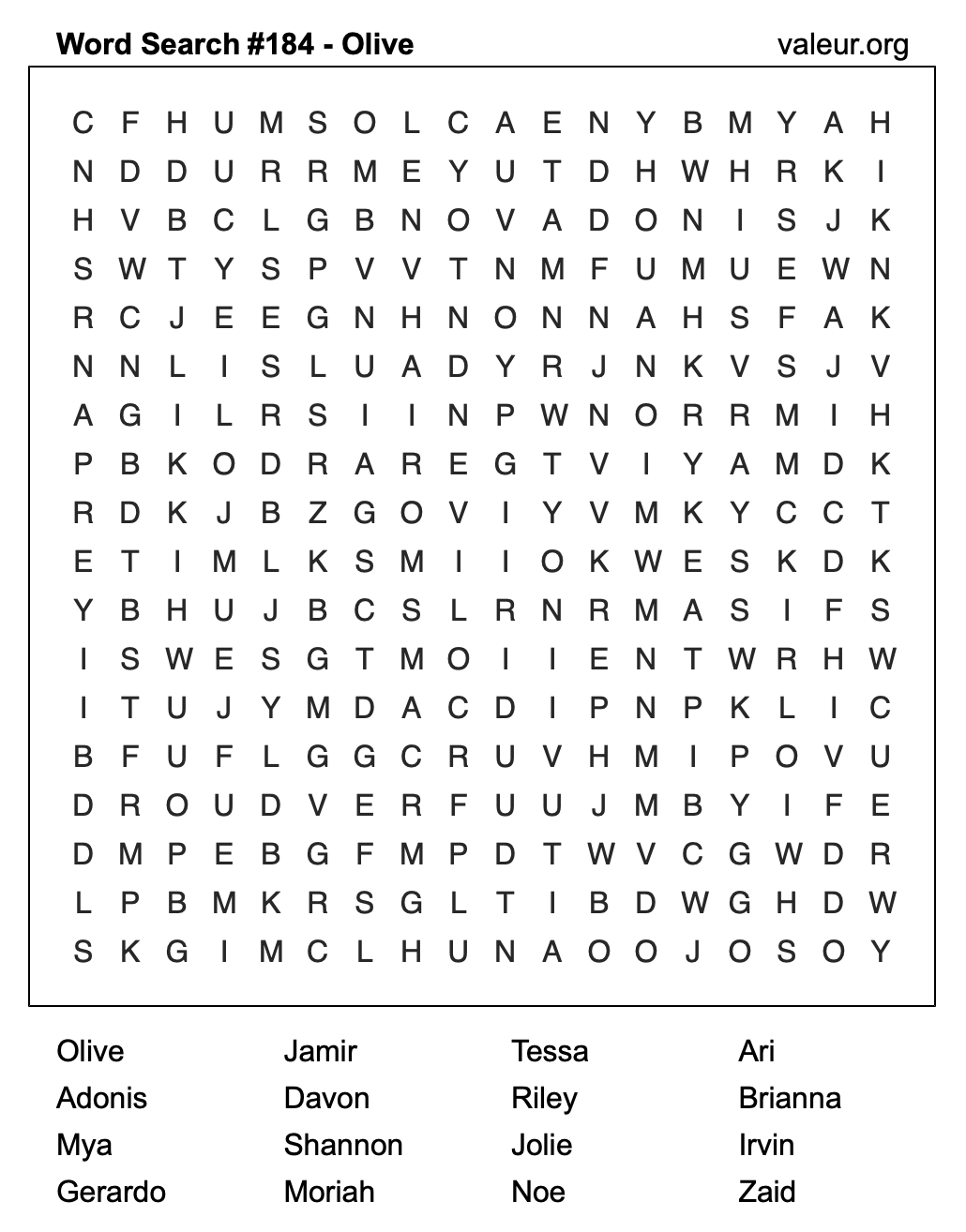 Word Search Puzzle with the name Olive #184