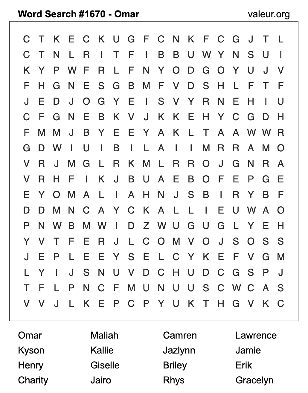 Word Search Puzzle with the name Omar #1670
