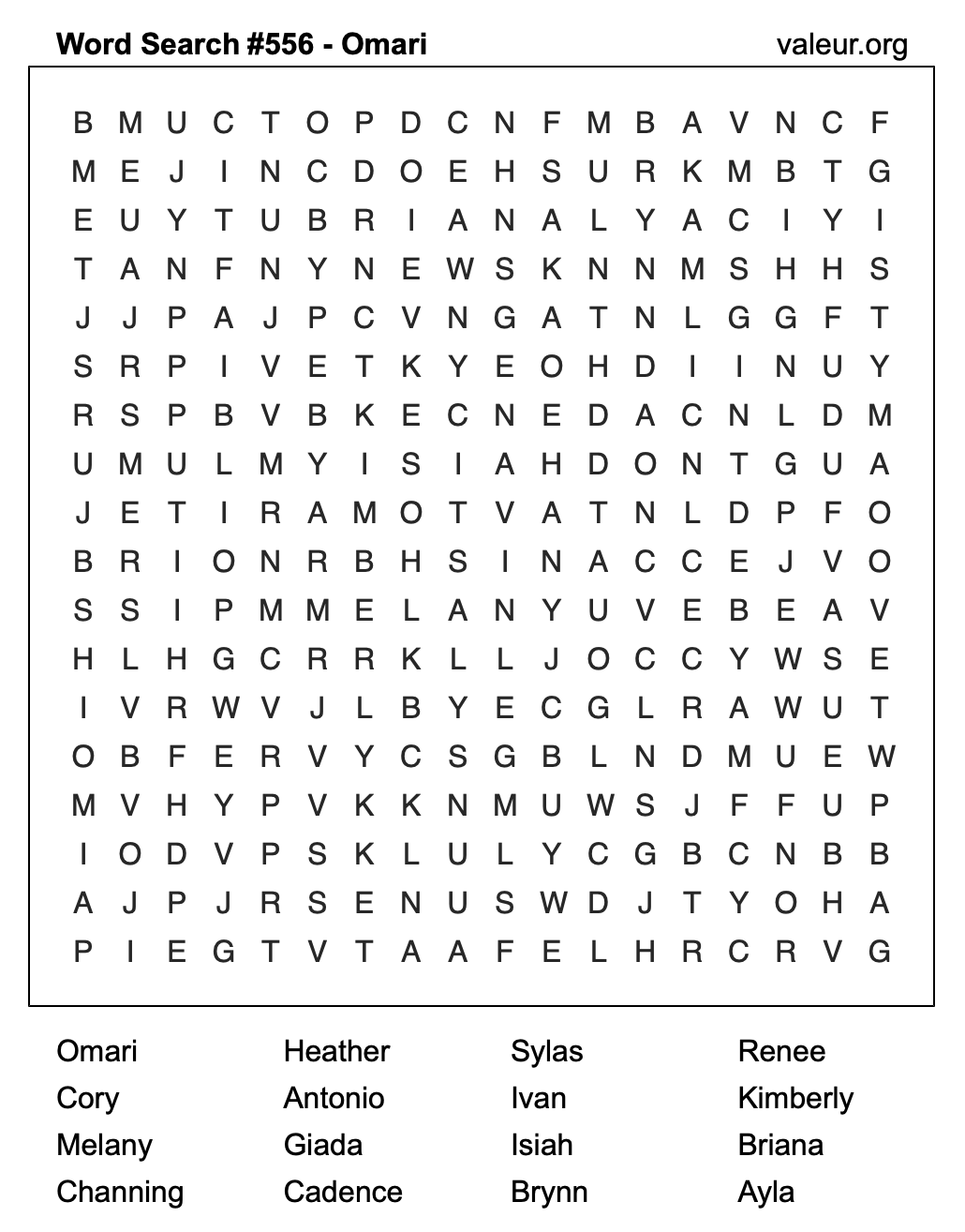 Word Search Puzzle with the name Omari #556