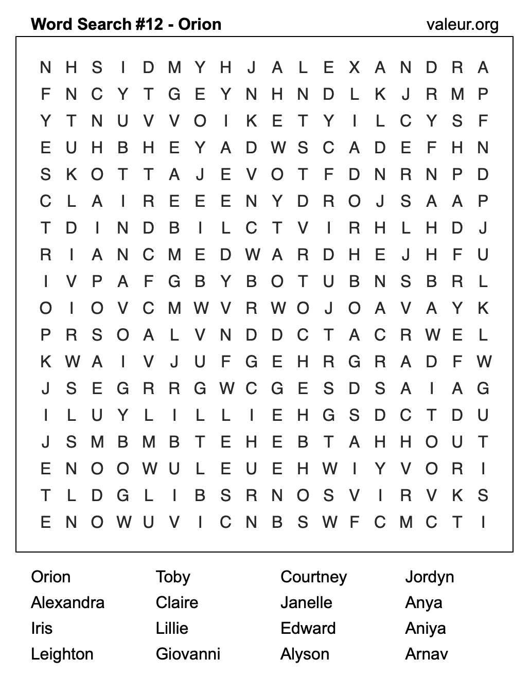 Word Search Puzzle with the name Orion #12