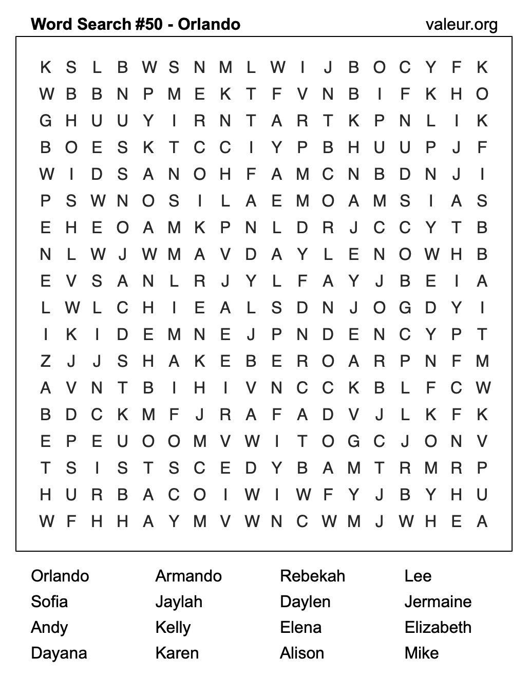 Word Search Puzzle with the name Orlando #50